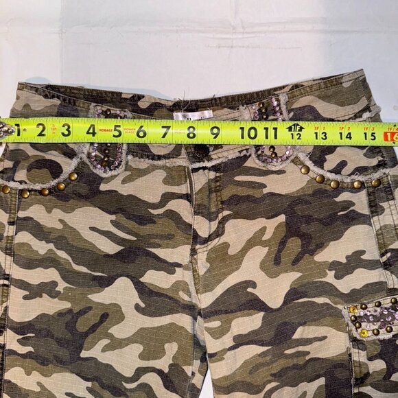 Handi Y2k Army Camo Cargo Capri Pants Bedazzled Jewel Drawstring Cuffs Size 30" - Picture 9 of 11